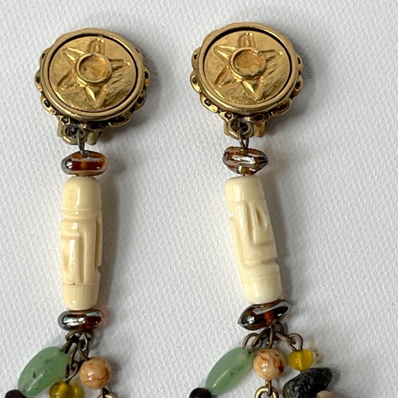 Vintage Robert Rose Long Dangle Clip Earrings Tribal Aventurine Jasper Bone Boho - Picture 4 of 9